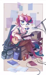Size: 2513x4096 | Tagged: safe, artist:saxopi, zipp storm, pegasus, pony, semi-anthro, g5, book, can, clothes, crossed legs, drink, female, glasses, guitar, hoof hold, looking at you, mare, musical instrument, pants, paper, shoes, simple background, sitting, skirt, socks, solo, white background, wings