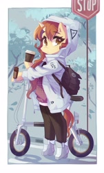 Size: 2478x4096 | Tagged: safe, artist:saxopi, oc, oc only, unicorn, semi-anthro, bag, bicycle, clothes, coffee, drink, female, hoof hold, horn, jacket, looking at you, mare, simple background, solo, standing on two hooves, stop sign, tree, unicorn oc, white background