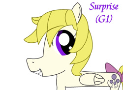 Size: 900x660 | Tagged: safe, artist:kiarakovu123, surprise, pegasus, pony, g1, g4, 1000 hours in ms paint, adoraprise, bow, cute, female, folded wings, g1 to g4, generation leap, grin, mare, purple bow, purple text, simple background, smiling, solo, surprise being surprise, tail, tail bow, text, white background, wings, yellow hair, yellow mane, yellow tail