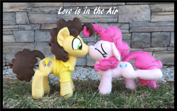 Size: 2025x1275 | Tagged: safe, artist:peruserofpieces, cheese sandwich, pinkie pie, earth pony, pony, g4, clothes, cute, female, floppy ears, irl, kissing, male, mare, photo, plushie, ship:cheesepie, shipping, shirt, stallion, standing, straight, surprised