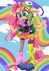 Size: 2825x4096 | Tagged: safe, artist:spaicydonut, fluttershy, pegasus, anthro, antonymph, cutiemarks (and the things that bind us), vylet pony, g4, :p, bandaid, bandaid on nose, bracelet, clothes, cloud, costume, ear piercing, earbuds, fluttgirshy, gir, invader zim, jewelry, leg warmers, mismatched socks, nail polish, nintendo ds, piercing, pigeon toed, rainbows, signature, skirt, socks, solo, stockings, thigh highs, tongue out