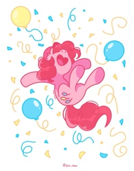 Size: 1001x1280 | Tagged: safe, artist:yun_nhee, pinkie pie, earth pony, pony, g4, balloon, confetti, female, jumping, mare, simple background, solo, streamers, white background