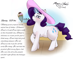 Size: 4204x3396 | Tagged: safe, artist:magicghostslime, rarity, pony, unicorn, series:rarity journey to opulence, g4, canterlot, chubby, diary, female, food, glowing, glowing horn, hat, high res, horn, ice cream, ice cream cone, magic, magic aura, mare, outdoors, raised hoof, solo, story included, sun hat, telekinesis, text, weight gain, weight gain sequence