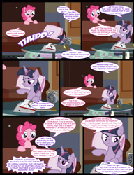 Size: 1042x1358 | Tagged: safe, artist:dendoctor, mean twilight sparkle, pinkie pie, alicorn, earth pony, pony, comic:clone.., g4, alarm clock, alternate universe, blanket, book, clock, clone, comic, couch, female, pillow, pinkie clone, table, twilight sparkle (alicorn)