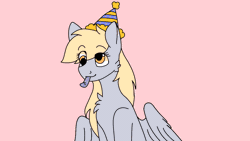 Size: 1280x720 | Tagged: safe, artist:valkiria, derpy hooves, pegasus, pony, animated, blushing, chest fluff, cute, derpabetes, food, frame by frame, hat, heart, heart eyes, muffin, party hat, party horn, pink background, simple background, solo, wingding eyes