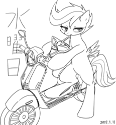 Size: 750x810 | Tagged: safe, artist:tangankittentail, scootaloo, pegasus, pony, g4, black and white, female, gif, grayscale, helmet, japanese, monochrome, motorcycle, non-animated gif, simple background, solo, white background, wings