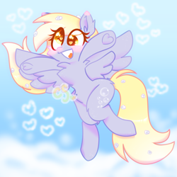 Size: 1700x1700 | Tagged: safe, artist:cutiesparke, derpy hooves, pegasus, pony, g4, blushing, chest fluff, cloud, cute, derpabetes, ear fluff, eye clipping through hair, flower, flower in hair, fluffy, flying, gradient mane, heart, hoof heart, open mouth, open smile, raised arms, sky, smiling, solo, spread wings, wings