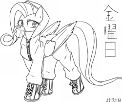 Size: 915x760 | Tagged: safe, artist:tangankittentail, fluttershy, pegasus, pony, g4, black and white, bubblegum, clothes, cute, daaaaaaaaaaaw, female, folded wings, food, gif, grayscale, gum, jacket, japanese, mare, monochrome, non-animated gif, shoes, shyabetes, simple background, solo, white background, wings
