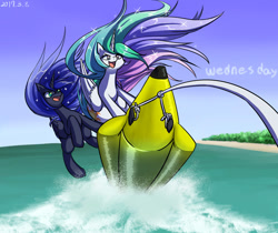 Size: 1000x840 | Tagged: safe, artist:tangankittentail, princess celestia, princess luna, alicorn, pony, g4, banana boat, beach, boat, duo, duo female, ethereal mane, ethereal tail, female, folded wings, horn, mare, open mouth, royal sisters, siblings, sisters, starry mane, starry tail, tail, water, windswept mane, wings