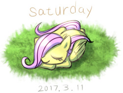 Size: 330x250 | Tagged: safe, artist:tangankittentail, fluttershy, pegasus, pony, g4, cute, eyes closed, female, filly, filly fluttershy, foal, folded wings, grass, hair over one eye, lying down, prone, shyabetes, simple background, sleeping, solo, white background, wings, younger