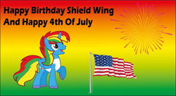 Size: 1280x699 | Tagged: safe, artist:ncolque, oc, oc only, oc:shield wing, 4th of july, american flag, fireworks, gradient background, holiday, solo, united states
