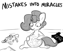 Size: 2787x2250 | Tagged: safe, artist:tjpones, oc, oc only, oc:brownie bun, oc:richard, earth pony, human, pony, horse wife, age regression, baby, black and white, commission, commissioner:reversalmushroom, cursed image, duo, female, fetish, funny, goddammit reversalmushroom, good clean married vore, grayscale, implied unbirthing, internal, male, mare, mistakes into miracles, monochrome, not salmon, pregnant, ray gun, unwilling, vore, wat, x-ray