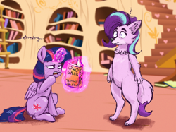 Size: 2732x2048 | Tagged: safe, artist:phutashi, starlight glimmer, twilight sparkle, alicorn, pony, wolf, anthro, digitigrade anthro, atg 2022, book, duo, exclamation point, female, golden oaks library, implied transformation, levitation, magic, magical mishap, mare, newbie artist training grounds, owo, reading, species swap, telekinesis, twilight sparkle (alicorn), wolfified