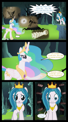 Size: 1280x2300 | Tagged: safe, artist:bigsnusnu, nightmare moon, princess celestia, oc, oc:crystal lis, alicorn, earth pony, pony, comic:dusk shine in pursuit of happiness, g4, acorn, angry, blank eyes, cave, cavern, crown, crying, flashback, heartbreak, insanity, jewelry, liar, moon, necklace, regalia, scared, smiling, sniffing, teary eyes, yelling