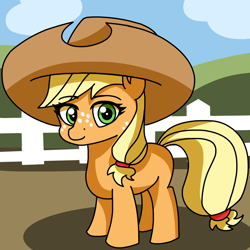 Size: 2000x2000 | Tagged: safe, artist:artevi, applejack, earth pony, pony, g4, applejack's hat, atg 2022, cowboy hat, female, fence, filly, foal, hat, high res, newbie artist training grounds, solo