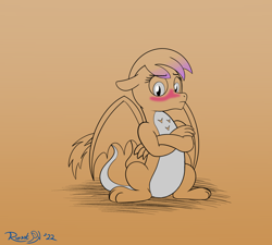 Size: 2000x1800 | Tagged: safe, artist:rupert, derpibooru exclusive, gilda, dragon, series:natg rupert 22, g4, atg 2022, blushing, crossed arms, dichromatic, dragoness, dragonified, female, gilda is not amused, limited palette, newbie artist training grounds, sketch, species swap, unamused, wings