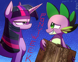 Size: 955x765 | Tagged: safe, artist:tangankittentail, spike, twilight sparkle, dragon, pony, unicorn, g4, blue background, book, duo, female, grin, looking at each other, looking at someone, male, mare, simple background, smiling, twilight sparkle is not amused, unamused, unicorn twilight