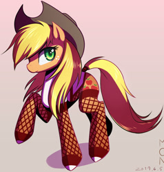 Size: 785x825 | Tagged: safe, artist:tangankittentail, applejack, earth pony, pony, g4, applejack's hat, clothes, cowboy hat, female, fishnet stockings, freckles, hat, looking at you, mare, profile, raised hoof, solo