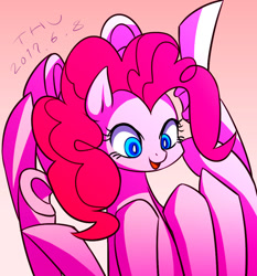 Size: 765x820 | Tagged: safe, artist:tangankittentail, pinkie pie, earth pony, pony, a friend in deed, g4, female, gradient background, mare, multiple limbs, pinkie being pinkie, sleipnir, solo, underhoof