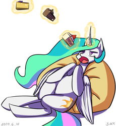 Size: 755x820 | Tagged: safe, artist:tangankittentail, princess celestia, alicorn, pony, g4, cake, cake slice, cakelestia, female, folded wings, food, glowing, glowing horn, horn, lying down, magic, magic aura, mare, open mouth, prone, simple background, solo, telekinesis, white background, wings