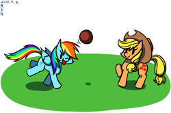 Size: 720x475 | Tagged: safe, artist:tangankittentail, applejack, rainbow dash, earth pony, pegasus, pony, g4, applejack's hat, ball, beady eyes, cowboy hat, duo, duo female, female, folded wings, grass, hat, mare, simple background, white background, wings