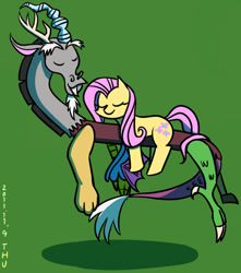 Size: 645x730 | Tagged: safe, artist:tangankittentail, discord, fluttershy, draconequus, pegasus, pony, g4, duo, eyes closed, female, floating, green background, lying down, lying on top of someone, male, mare, shadow, simple background, sleeping, wingless, wings