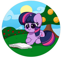 Size: 3464x3248 | Tagged: safe, artist:kittyrosie, twilight sparkle, alicorn, pony, book, cute, female, lying down, mare, prone, reading, simple background, smiling, solo, starry eyes, sun, that pony sure does love books, transparent background, tree, twiabetes, twilight sparkle (alicorn), wingding eyes
