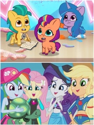 Size: 1500x1999 | Tagged: safe, edit, edited screencap, screencap, applejack, fluttershy, hitch trailblazer, izzy moonbow, rainbow dash, rarity, sunny starscout, tank, earth pony, human, pony, tortoise, unicorn, aww... baby turtles, equestria girls, g4, g5, making a foal of me, my little pony equestria girls: better together, my little pony: tell your tale, spoiler:g5, spoiler:my little pony: tell your tale, spoiler:tyts01e15, age regression, awww, baby, baby pony, book, cap, colt, colt hitch trailblazer, cute, female, filly, filly izzy moonbow, filly sunny starscout, foal, geode of fauna, geode of shielding, geode of super strength, hat, hitchbetes, izzybetes, magical geodes, male, mane stripe sunny, open mouth, pencil, sunnybetes, trio, younger