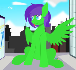 Size: 4509x4184 | Tagged: safe, artist:samsailz, oc, oc only, oc:raulix evergreen, pegasus, pony, :p, building, city, macro, pegasus oc, raffle prize, spread wings, tongue out, wings