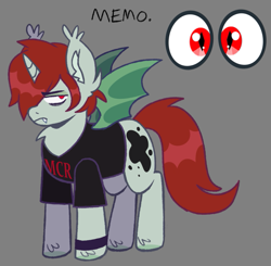 Size: 707x692 | Tagged: safe, artist:k0br4, oc, oc:mxmx, bat pony, bat pony unicorn, hybrid, pony, unicorn, bat wings, chest fluff, clothes, emo, fangs, full body, hair over one eye, horn, my chemical romance, reference sheet, simple background, solo, wings