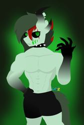 Size: 1302x1932 | Tagged: safe, artist:samsailz, oc, oc:cy, demon, demon pony, undead, zombie, zombie pony, anthro, claws, clothes, collar, fetish, half naked, male, muscle fetish, muscles, muscular male, scar, sexy, shorts, solo