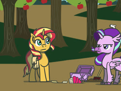 Size: 1800x1350 | Tagged: safe, artist:flutterluv, part of a set, starlight glimmer, sunset shimmer, hippogriff, mouse, pony, unicorn, g4, apple, apple tree, atg 2022, bag, cupcake, duo, food, hippogriffied, newbie artist training grounds, part of a series, saddle bag, shovel, species swap, treasure chest, tree