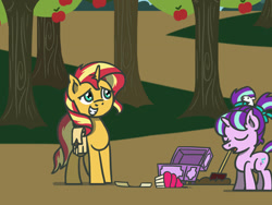 Size: 1800x1350 | Tagged: safe, artist:flutterluv, part of a set, starlight glimmer, sunset shimmer, mouse, pony, unicorn, g4, age regression, apple, apple tree, atg 2022, bag, cupcake, duo, female, filly, filly starlight glimmer, foal, food, newbie artist training grounds, part of a series, saddle bag, shovel, treasure chest, tree, younger