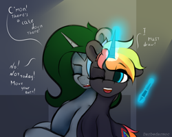 Size: 2560x2048 | Tagged: safe, artist:darbedarmoc, oc, oc:minerva, oc:rainbow fire, pony, unicorn, dialogue, high res, horn, magic, pen, piercing