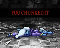 Size: 1200x959 | Tagged: safe, artist:horsewizardart, trixie, pony, unicorn, g4, babysitter trixie, clothes, dark souls, faceplant, female, hoodie, mare, solo, text, you died