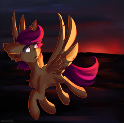 Size: 2707x2681 | Tagged: safe, artist:yuris, scootaloo, pegasus, pony, cloud, cute, cutealoo, female, floppy ears, flying, scootaloo can fly, sky, solo, spread wings, sunset, wings