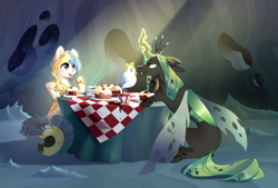 Size: 3044x2052 | Tagged: safe, artist:28gooddays, queen chrysalis, oc, oc:evertrue, changeling, changeling queen, pony, unicorn, g4, armor, broken horn, cake, cup, female, food, guard, high res, hoof shoes, horn, picnic blanket, teacup, teapot