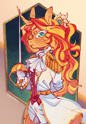 Size: 1250x1800 | Tagged: safe, artist:yuyusunshine, sunset shimmer, anthro, clothes, colored eyelashes, curved horn, female, horn, looking at you, rapier, solo, sword, weapon