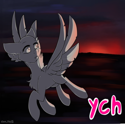 Size: 2707x2681 | Tagged: safe, artist:yuris, oc, oc only, pony, advertisement, auction, commission, cute, flying, high res, sky, solo, spread wings, sunset, wings, ych sketch, your character here