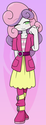 Size: 740x2000 | Tagged: safe, artist:batipin, sweetie belle, human, equestria girls, g4, boots, clothes, female, one eye closed, shoes, skirt, solo