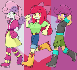 Size: 2220x2000 | Tagged: safe, artist:batipin, apple bloom, scootaloo, sweetie belle, human, equestria girls, g4, apple bloom's bow, boots, bow, clothes, cutie mark crusaders, denim, female, hair bow, high res, hoodie, jeans, pants, shirt, shoes, shorts, skirt, trio, trio female