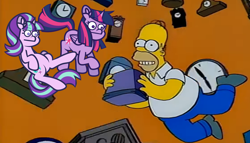 Size: 4404x2518 | Tagged: safe, artist:threetwotwo32232, starlight glimmer, twilight sparkle, alicorn, pony, unicorn, g4, female, homer simpson, male, mare, the simpsons, time travel, treehouse of horror, twilight sparkle (alicorn)