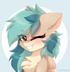 Size: 2101x2180 | Tagged: safe, artist:lunylin, oc, oc only, oc:peacher, pegasus, pony, bust, chest fluff, cute, ear fluff, eye clipping through hair, female, folded wings, high res, looking at you, mare, ocbetes, one eye closed, pegasus oc, portrait, signature, smiling, smiling at you, solo, wings, wink, winking at you