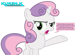 Size: 2000x1474 | Tagged: safe, artist:kuren247, sweetie belle, pony, unicorn, g4, female, filly, foal, frown, looking at you, show accurate, signature, simple background, solo, speech bubble, talking, talking to viewer, text, the cmc's cutie marks, transparent background, vector