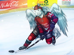Size: 4000x3000 | Tagged: safe, artist:lupiarts, oc, oc only, oc:nordeis, oc:northice, pegasus, anthro, plantigrade anthro, anthro oc, clothes, digital art, german, germany, hockey, ice hockey, male, nuka cola, pegasus oc, solo, sports, spread wings, wings