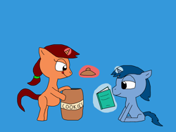 Size: 2000x1500 | Tagged: safe, artist:blazewing, oc, oc only, oc:syntax, oc:tough cookie, pony, unicorn, atg 2022, belly, bipedal, blank flank, blue background, book, chubby, colored background, colt, cookie, cookie jar, drawpile, female, filly, foal, food, magic, male, newbie artist training grounds, ponytail, simple background, sitting, smiling, telekinesis