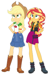 Size: 2413x3604 | Tagged: safe, artist:gmaplay, applejack, sunset shimmer, human, equestria girls, equestria girls specials, g4, my little pony equestria girls: better together, my little pony equestria girls: rollercoaster of friendship, applejack's hat, cowboy hat, hand on hip, hat, high res, simple background, transparent background