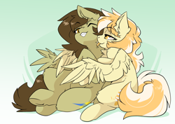 Size: 3508x2480 | Tagged: safe, artist:arctic-fox, oc, oc only, oc:orange cream, oc:static spark, pegasus, pony, female, female oc, high res, hug, hug from behind, looking at each other, looking at someone, mare, mlem, pegasus oc, pony oc, silly, smiling, tongue out, winghug, wings