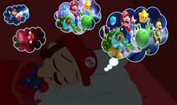 Size: 1238x737 | Tagged: safe, artist:user15432, artist:yaya54320bases, human, luma, yoshi, equestria girls, g4, airship, barely eqg related, base used, bed, bedroom, bee luigi, blanket, cap, clothes, crossover, dream, dream bubble, equestria girls style, equestria girls-ified, eyes closed, flying, galaxy, gloves, hat, lubba, luigi, male, mario, mario's hat, night, open mouth, overalls, pillow, princess peach, shirt, sleeping, space, stars, super mario bros., super mario galaxy, super mario galaxy 2, toad (mario bros), undershirt