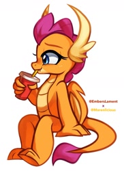 Size: 1333x1831 | Tagged: safe, artist:emberslament, artist:maren, smolder, dragon, g4, collaboration, cute, dragoness, drink, drinking, fangs, female, happy, signature, simple background, sitting, smolderbetes, solo, straw, white background